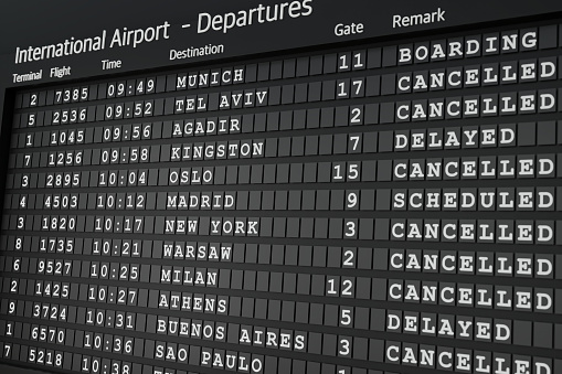 Flight board with some cancelled flights to Oslo, Madrid, New York, Athens or Milan. International airport, tourism and travel concept. 3D illustration