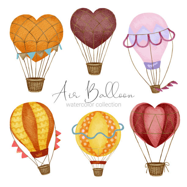 Hot air balloon designs in various watercolor styles for graphic designers to use for artworks Hot air balloon designs in various watercolor styles for graphic designers to use for web sites, invitation cards, weddings, congratulations, birthdays, celebrations, fabric printing and publications watercolor hot air balloon stock illustrations