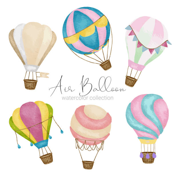 Hot air balloon designs in various watercolor styles for graphic designers to use for artworks Hot air balloon designs in various watercolor styles for graphic designers to use for web sites, invitation cards, weddings, congratulations, birthdays, celebrations, fabric printing and publications watercolor hot air balloon stock illustrations