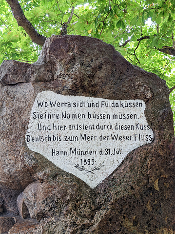 Hann. Münden, Lower Saxony, Germany - July 13, 2022: Alter Weserstein (old stone of the Weser river)