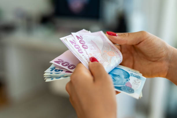 Female hand counting Turkish Lira stock photo