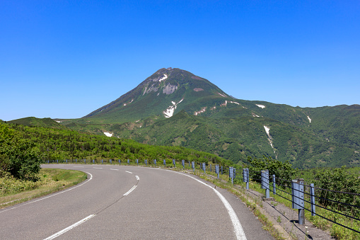Mt. Rausu looking up from the clear Shiretoko Pass