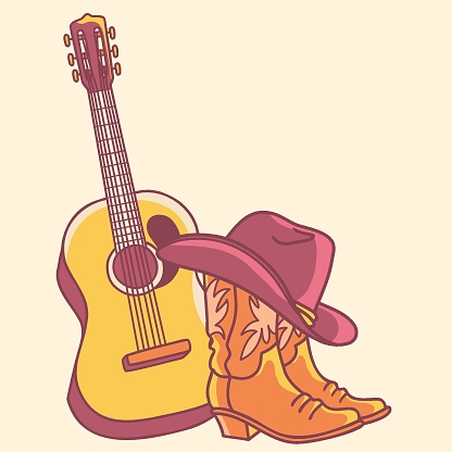 Country music with acoustic guitar and american cowboy boots and cowboy hat. Vector hand draw Country illustration