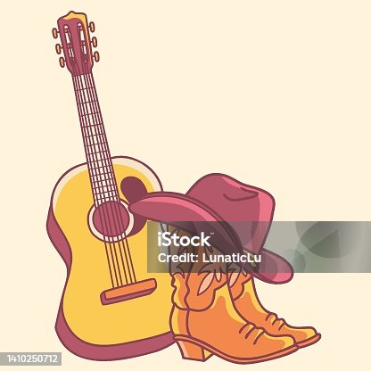 istock Country music with acoustic guitar and american cowboy boots and cowboy hat. Vector hand draw Country illustration. 1410250712