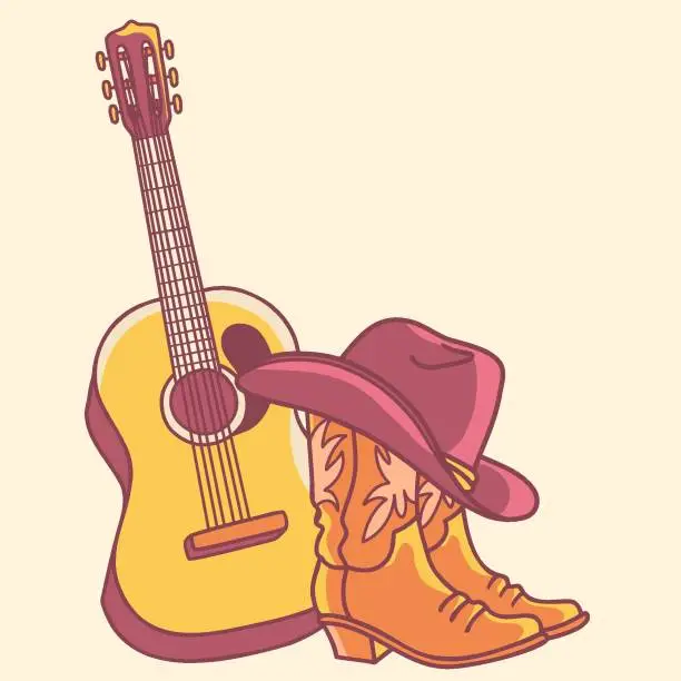 Vector illustration of Country music with acoustic guitar and american cowboy boots and cowboy hat. Vector hand draw Country illustration.