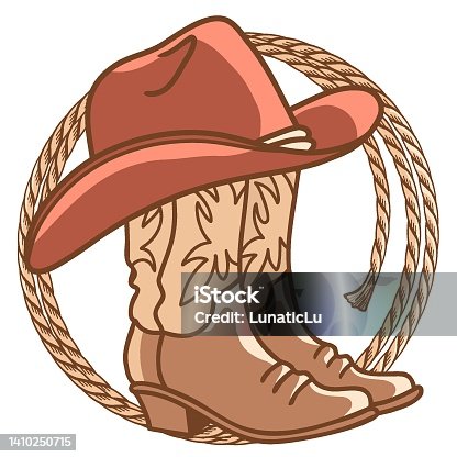 istock Cowboy paper background for text. Vector western illustration with cowboy boots and hat and lasso on wood texture 1410250715