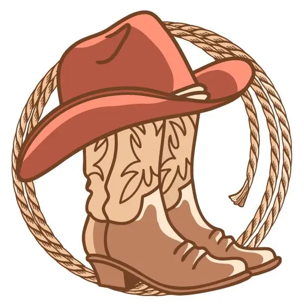 Vector illustration of Cowboy paper background for text. Vector western illustration with cowboy boots and hat and lasso on wood texture