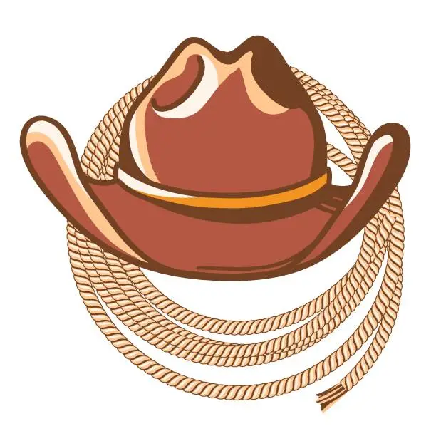 Vector illustration of Cowboy hat and rodeo lasso. Vector western illustration with cowboy hat and lasso isolated on white.