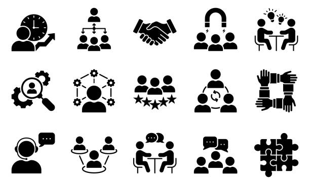 ilustrações de stock, clip art, desenhos animados e ícones de teamwork community business people partnership glyph pictogram collection. human resource management collaboration silhouette icon set. employee lead career icon. isolated vector illustration - coordination