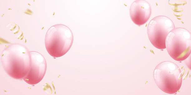 istock Celebrate with pink balloons with confetti for festive decorations vector illustration. 1410250837