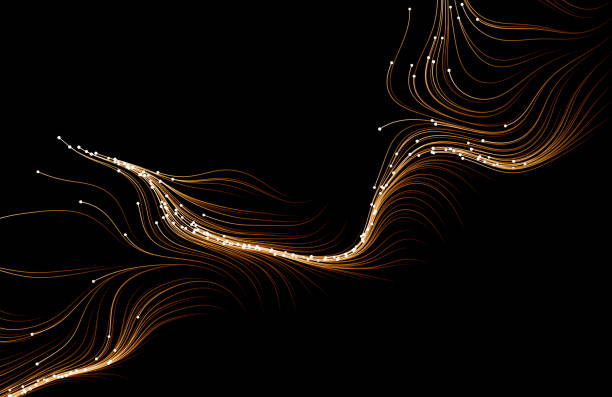 illustrazioni stock, clip art, cartoni animati e icone di tendenza di particelle marroni che scorrono su sfondo nero. - fiber optic cable computer network abstract