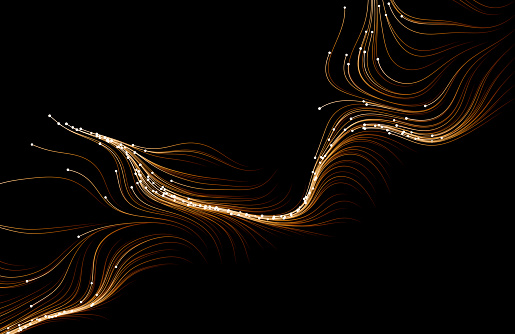 Brown flowing particles on black background. Illustration.