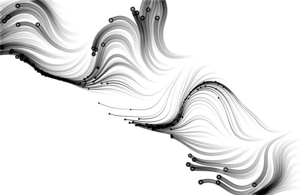 ilustraciones, imágenes clip art, dibujos animados e iconos de stock de partículas grises que fluyen sobre fondo negro. - cyberspace abstract backgrounds photon