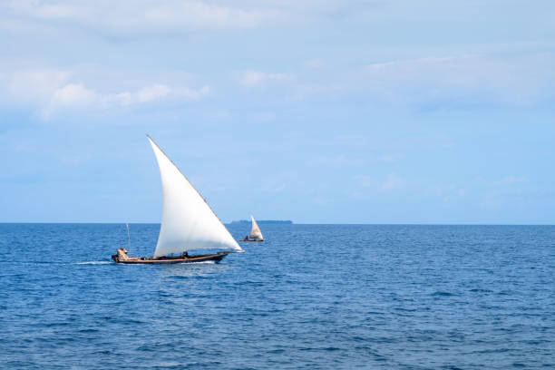 View of tropical sandy Nungwi beach and traditional wooden dhow boats in the Indian ocean on Zanzibar, Tanzania