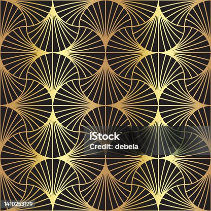 istock Art Deco shell pattern. Gold and black luxury ornamental background. Interior decor design. 1410253179