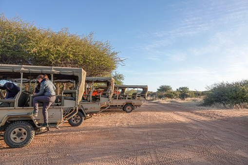 Tourists outside the Research Centre at Okonjima Nature Reserve near Otjiwarongo at Otjozondjupa Region, Namibia