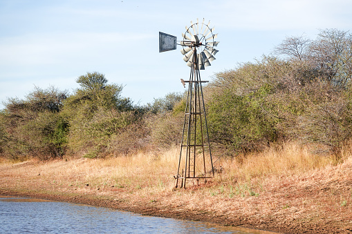 Water Pump Windmill at Omboroko Mountains near Otjiwarongo at Otjozondjupa Region, Namibia. There is a logo on the windmill blade.