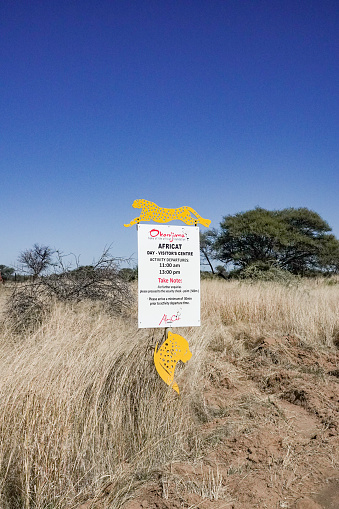 Sign to Okonjima AfriCat Foundation near Otjiwarongo at Otjozondjupa Region, Namibia. This is a commercial business.