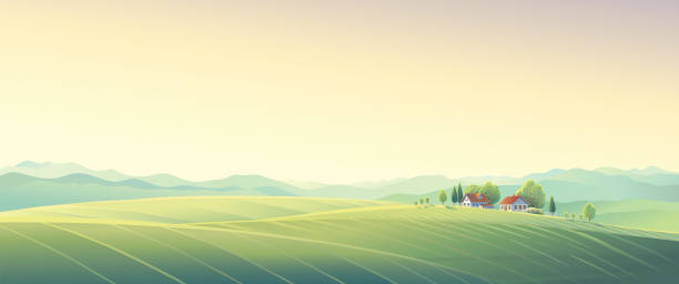 Summer rural landscape with village. vector art illustration