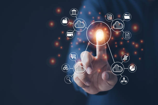 istock cyber security concept, man's hand scanning finger to go online to access information both accessing the system document storage Banking including online shopping This method is highly secure. 1410256399