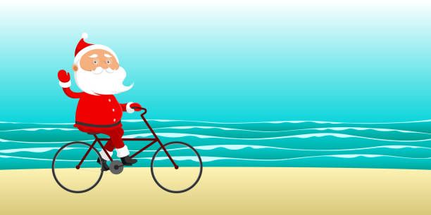 illustrations, cliparts, dessins animés et icônes de père noël à vélo le long de la côte de la mer. illustration vectorielle - père noel à vélo