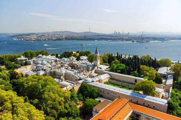 Awesome aerial view of the Topkapi Palace in Istanbul, Turkey Awesome aerial view of the Topkapi Palace in Istanbul, Turkey. Drone flying over the city. The Bosporus is visible in background. Amazing cityscape. topkapi palace stock pictures, royalty-free photos & images