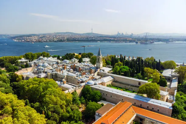 Awesome aerial view of the Topkapi Palace in Istanbul, Turkey. Drone flying over the city. The Bosporus is visible in background. Amazing cityscape.