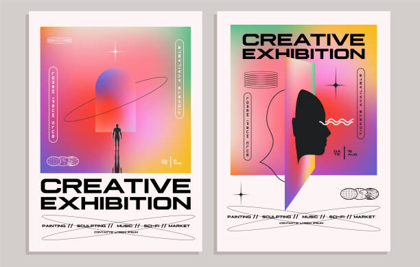 Creative exhibition flyer or poster concepts with abstract geometric shapes and human silhouettes on bright gradient background. Vector illustration Creative exhibition flyer or poster concepts with abstract geometric shapes and human silhouettes on bright gradient background. Vector illustration poster stock illustrations