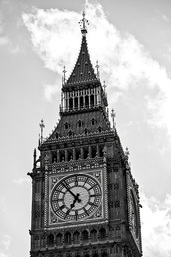 The towers of The Houses of Parliament in Westminster, London, England.  They have recently been refurbished and have spent 3 years hidden behind scaffolding, the newly cleaned building is looking exceptionally bright.