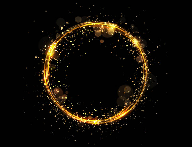 istock Round isolated gold color frame with small tinsel and glitter on black design 1410265276