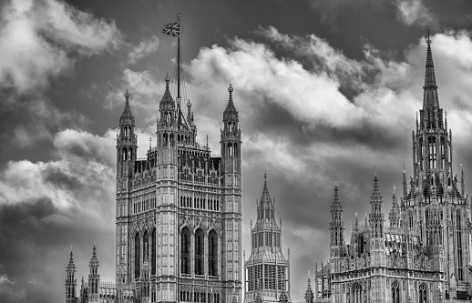 The towers of The Houses of Parliament in Westminster, London, England.  They have recently been refurbished and have spent 3 years hidden behind scaffolding, the newly cleaned building is looking exceptionally bright.