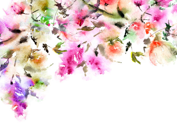 ilustrações, clipart, desenhos animados e ícones de fundo floral colorido. pintura floral aquarela. flores desenhadas à mão. arte de parede floral expressionista. moldura floral. - 4404