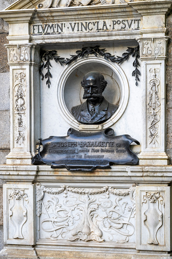 The Memorial to Joseph Bazalgette on the Thames Embankment which he designed and built, London, England. The Sir Joseph Bazalgette Memorial is a memorial to the Victorian engineer Sir Joseph Bazalgette, by George Blackall Simonds who died in 1929.