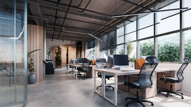 노출 된 콘크리트 바닥과 많은 식물이있는 현대적인 스타일의 사무실 - office 뉴스 사진 이미지