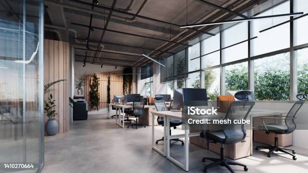 Modern Style Office With Exposed Concrete Floor And A Lot Of Plants Stock Photo - Download Image Now