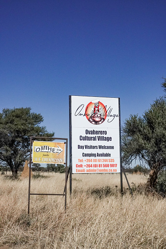 Welcome Sign to Ombu Cultural Village near Otjiwarongo at Otjozondjupa Region, Namibia