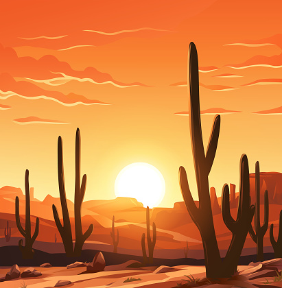 Vector illustration of an idyllic desert landscape with Saguaro cactus at sunset. In the background are hills and mountains and a bright, vibrant, cloudy red sky. Illustration with space for text.