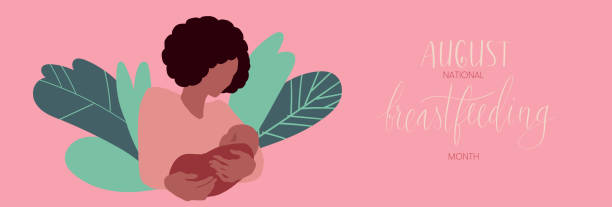 afroamerykanka trzymająca niemowlę. narodowy miesiąc karmienia piersią sierpień odręczny szablon napisów. - black week stock illustrations