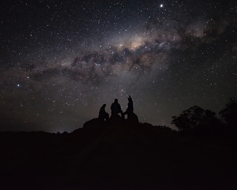 Silhouette of a group of person Sitting on a Rock Watching the Milkyway