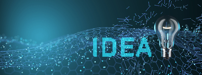 Idea concept, light bulb with inscription idea on digital background. Startup concept, startup investment. 3d render..