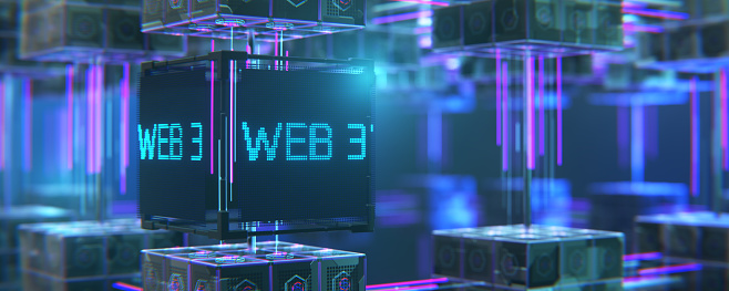 Concept of decentralized internet. Wide banner. WEB 3 technology concept. WEB 3.0 3d rendering..