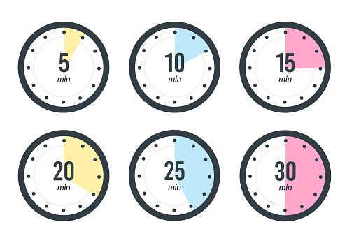 Timer, clock, stopwatch isolated set icons. 5, 10, 15, 20, 25, 30 min. Label cooking time. Vector