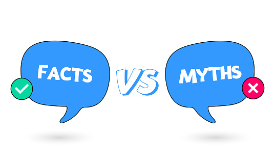 Blue bubbles with myths vs facts. Concept of thorough fact checking or easy compare evidence. Flat cartoon style trend modern vector