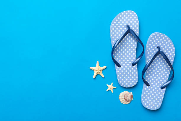 istock Flat lay composition with flip flops and seashell on colored background. Space for text top view 1410280131