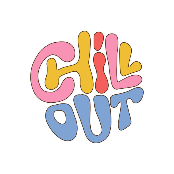 Chill out - lettering quote in round shape. 70s retro groovy growing people slogan. Linear hand drawn vector illustration print with inspirational typography text Chill out - lettering quote in round shape. 70s retro groovy growing people slogan. Linear hand drawn vector illustration print with inspirational typography text. pitter stock illustrations