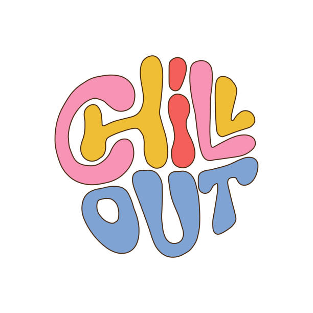 Chill out - lettering quote in round shape. 70s retro groovy growing people slogan. Linear hand drawn vector illustration print with inspirational typography text Chill out - lettering quote in round shape. 70s retro groovy growing people slogan. Linear hand drawn vector illustration print with inspirational typography text. word cool stock illustrations