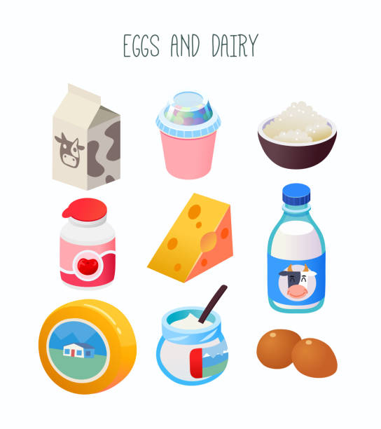 Collection of goods from dairy department of a grocery store or online  marketplace. Isolated vector illustration with group of milk, cheese, yogurt and eggs. Collection of goods from dairy department of a grocery store or online  marketplace. Isolated vector illustration with group of milk, cheese, yogurt and eggs. cottage cheese stock illustrations