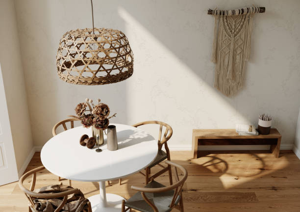 Modern living room interior in boho style. 3d rendering