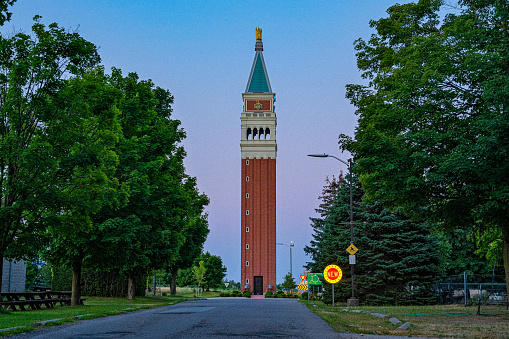 A 35-meter tall, 1:3 scale replica of the Venetian Campanile is seen in the Canadian town of Woodbridge, Ontario.  It is the only reproduction of the Italian tower to include fully functioning bells.