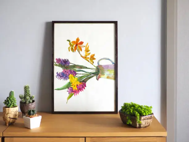 Photo of abstract orchid mind art spiritual watercolor painting illustration design drawing in picture photo frame decoration warm home gallery background